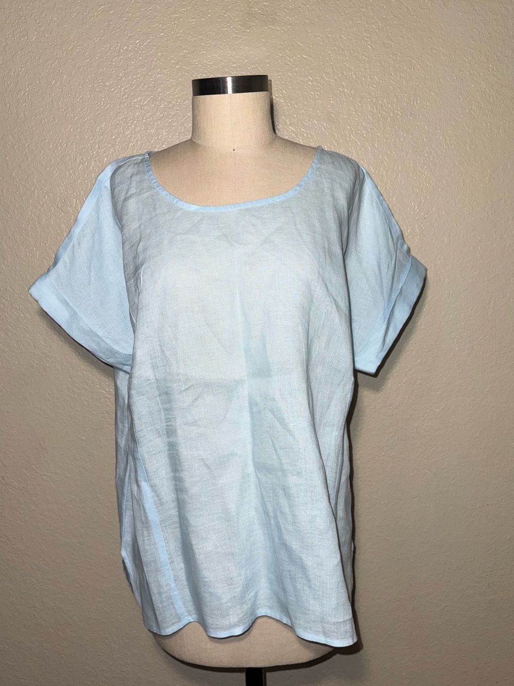 Pure Jill Linen Top Medium Light Blue Short Sleeve Scoop Neck Coastal Boho